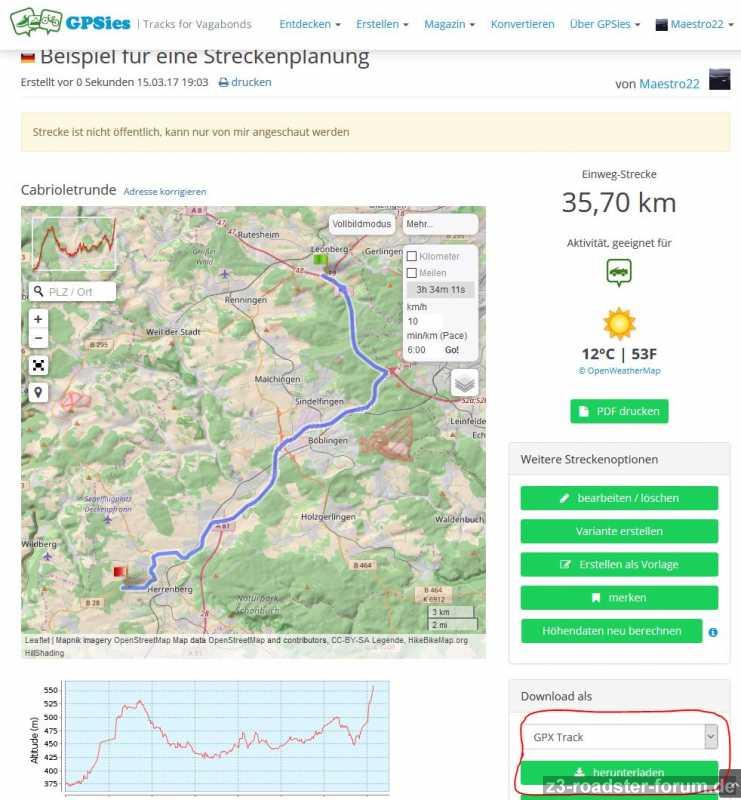 GPSies Strecke exportieren
