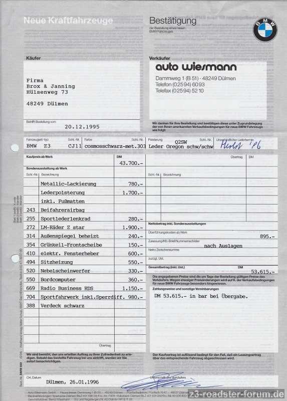Bestätigung der Bestellung 26.01.1996